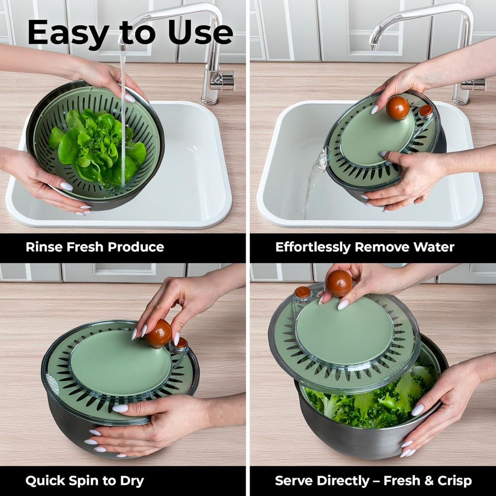 Stainless Steel Salad Spinner Large - Fruit and Vegetable Wash Bowl with Strainer - Lettuce Spinner, Fruit Cleaner, Collapsible Salad Dryer 5.3 Quart Capacity