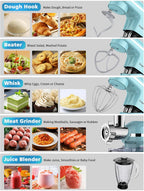Vospeed 9 IN 1 Stand Mixer, 850W Tilt-Head Multifunctional Electric Mixer with 8 QT Stainless Steel Bowl, 1.5L Glass Jar, Meat Grinder, Hook, Whisk, Beater Dishwasher Safe (Blue)