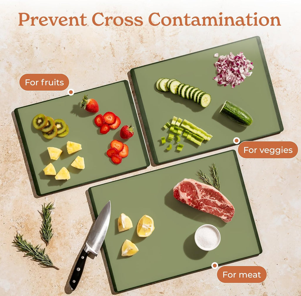 SMIRLY Plastic Cutting Board Set 3 Pieces, Non-Slip Dishwasher Safe Chopping Boards for Kitchen, Green