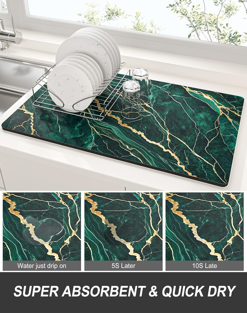 Rnivvi Dish Drying Mat for Kitchen Counter, XL 15 x 24" Cute Marble Absorbent Draining Pad, Non-Slip Heat Resistant Coffee Bar Mats for Coffee Machine Station Accessories, Green Gold Dish Rack Pad