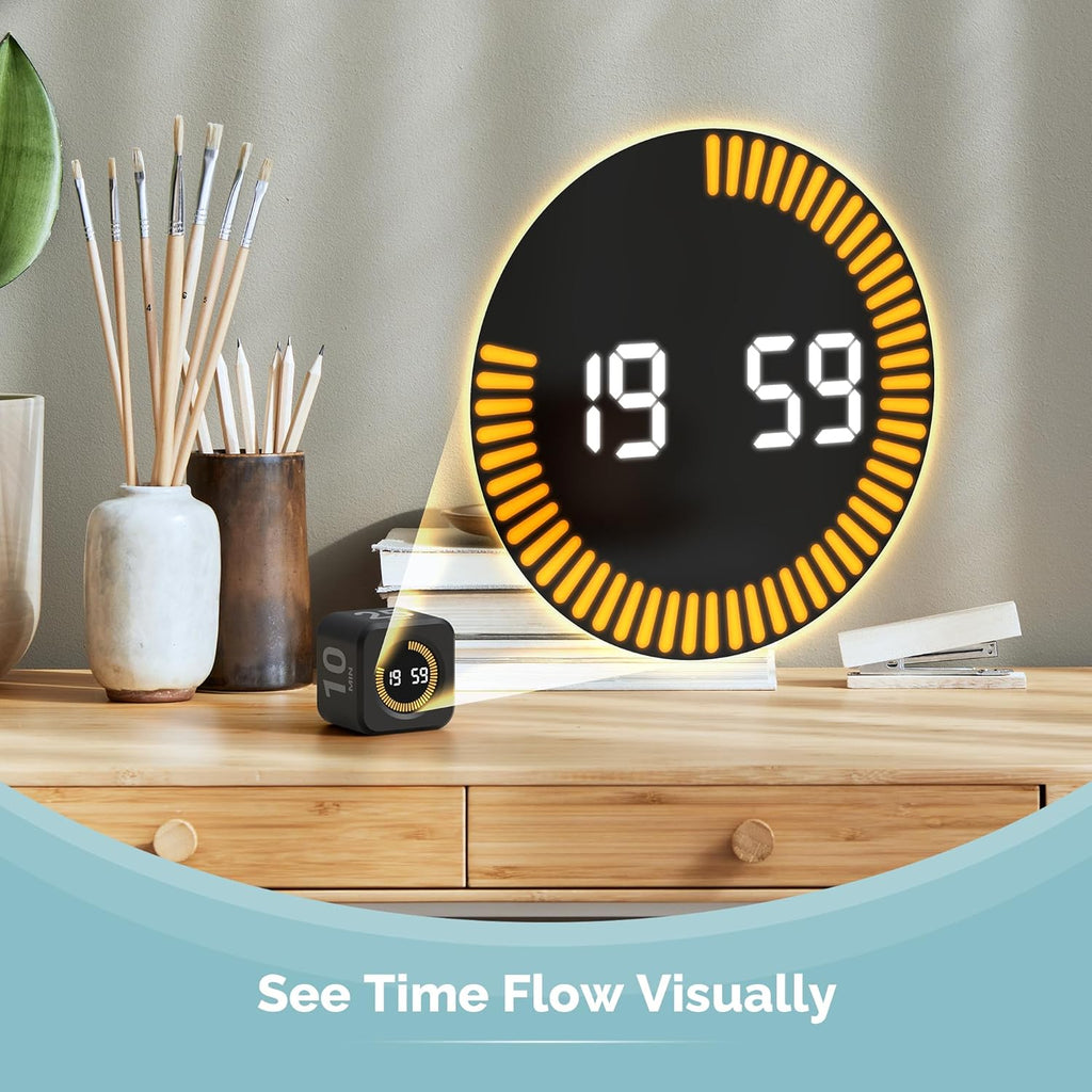 KADAMS Pomodoro Cube Timer Productivity Visual Timer - 5/10/25/50 Min Rotating Countdown, Customize Countup Silent Mode- for Work Study Cook Workout Kitchen Back to School Classroom (Black 2 Pack)