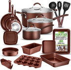 NutriChef 20 Piece Professional Home Kitchen Cookware and Bakeware, Pots and Pans Set Non Stick Kitchenware, Cool-Touch Handles, Safe for Gas, Electric, Induction Cooktops, Easy Clean, Brown