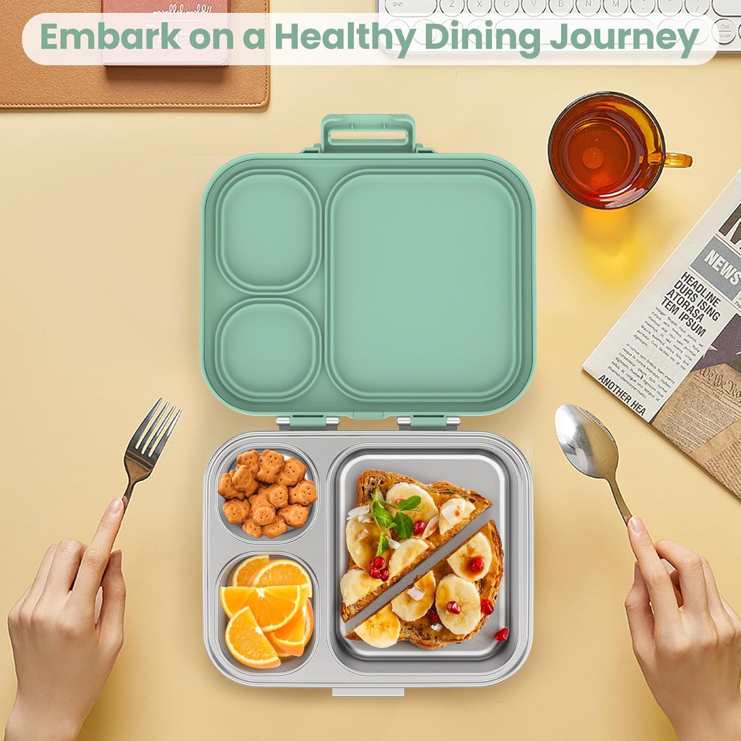 Stainless Steel Bento Lunch Box for Kids | 3-Compartment Lunch Box Container Kids | 100% Leakproof, Dishwasher-Safe, Eco-Friendly, Perfect Portion Control for Kids&Adult Healthy Meals (Green)