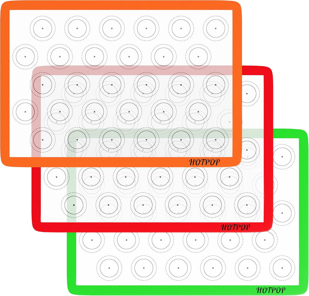 HOTPOP Silicone Baking Mats 0.75mm, Non-Stick Macaron Silicone Baking Mats - Silicone Sheet for Bake Pans and Rolling with Outlines for Pastries (3 HALF SIZE)
