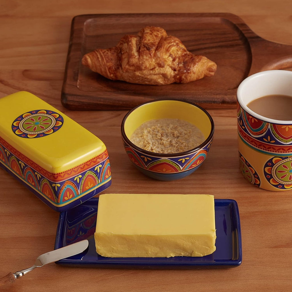Bico Tunisian Ceramic Butter Dish with Lid, Wide Butter Keeper for Counter, Kitchen Countertop, Microwave and Dishwasher Safe