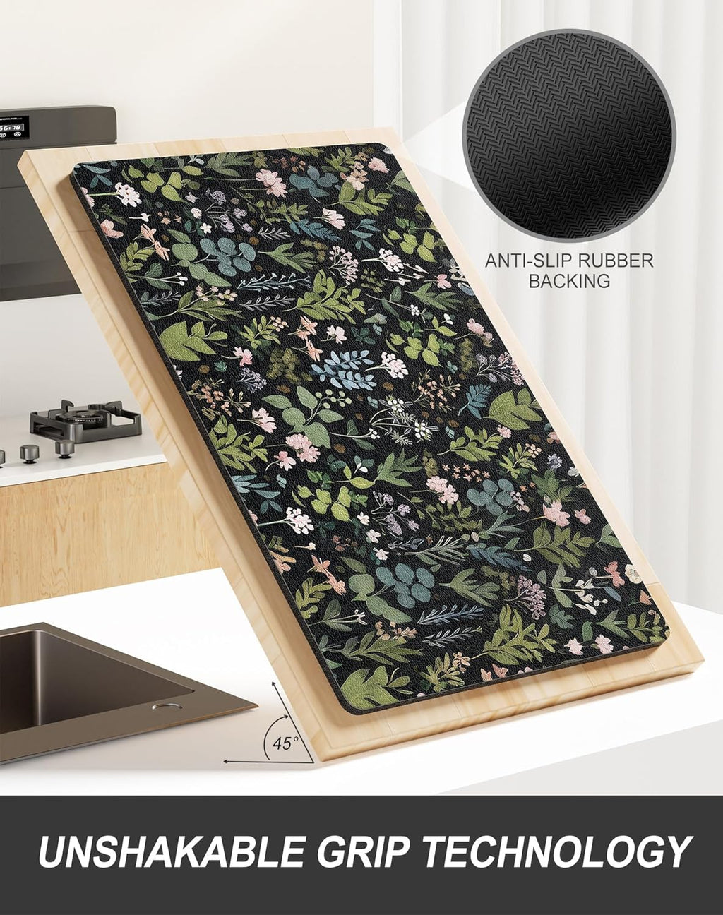 Rnivvi Dish Drying Mat for Kitchen Counter, 12 x 19" Cute Flower Theme Super Absorbent Draining Pad, Non-Slip Heat Resistant Coffee Bar Mat for Coffee Machine Station Accessories, Black Dish Rack Pad