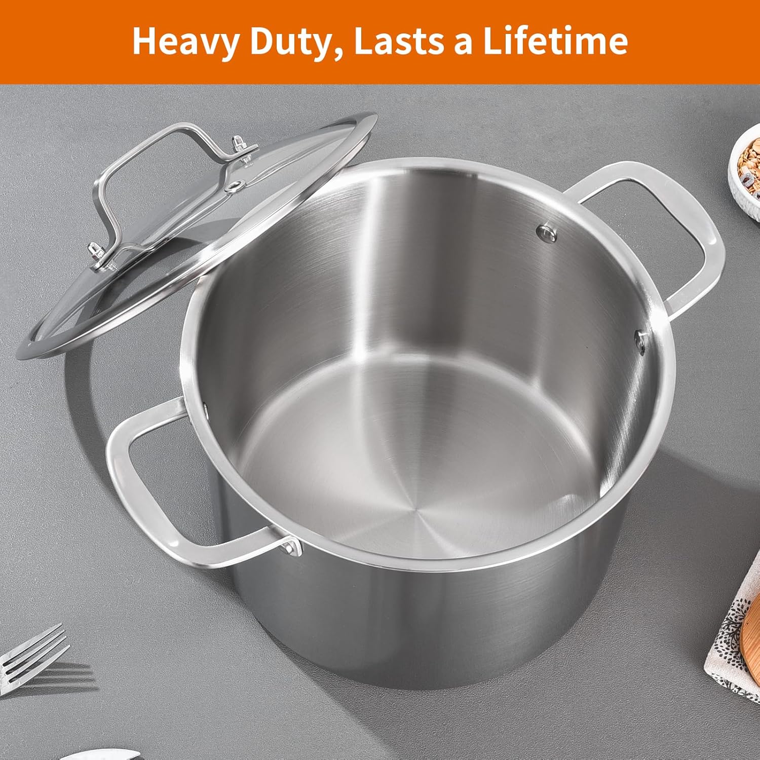 DELARLO Tri-Ply Stainless Steel 8 Quart Stock Pot, All Stove Compatible Up to 600℉ Soup Pot with Lid, 18/10 Induction Big Stockpot with Lids, Large Stainless Steel Induction for Cooking