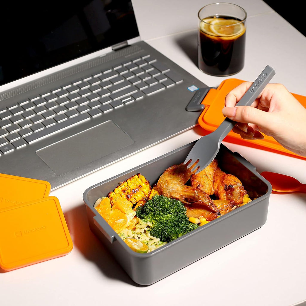 Linoroso Stackable Bento Lunch Box | Meet All Your On-the-Go Food, Salad and Snack Needs, Premium Adult Lunch Box Includes Utensil Set, Dressing Containers - Lava Orange