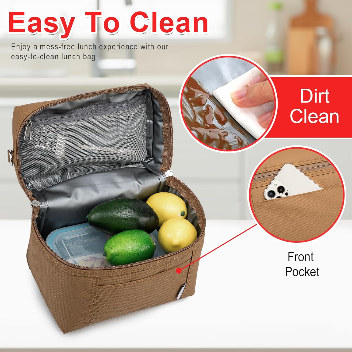 NOL Natural Organic Lifestyle Insulated Lunch Bags for Women Cooler Bag Lightweight Nylon Waterproof Lunch Box For Work (Medium(normal),Brown