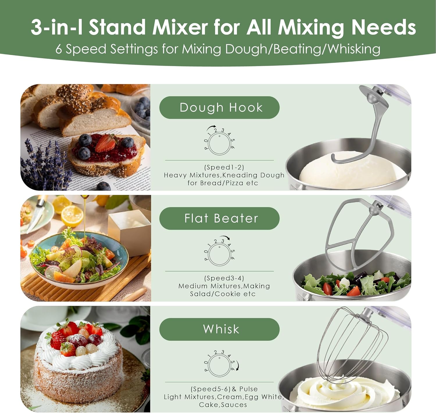 Kitchen in the box Stand Mixer - 6.5 Quart Mixing Bowl with Handle, 900 Watt Powerful Heavy Bread Dough Standing Mixers Tilt-head with Dough Hook, Whisk, Flat Beater and Splash Guard (Green)