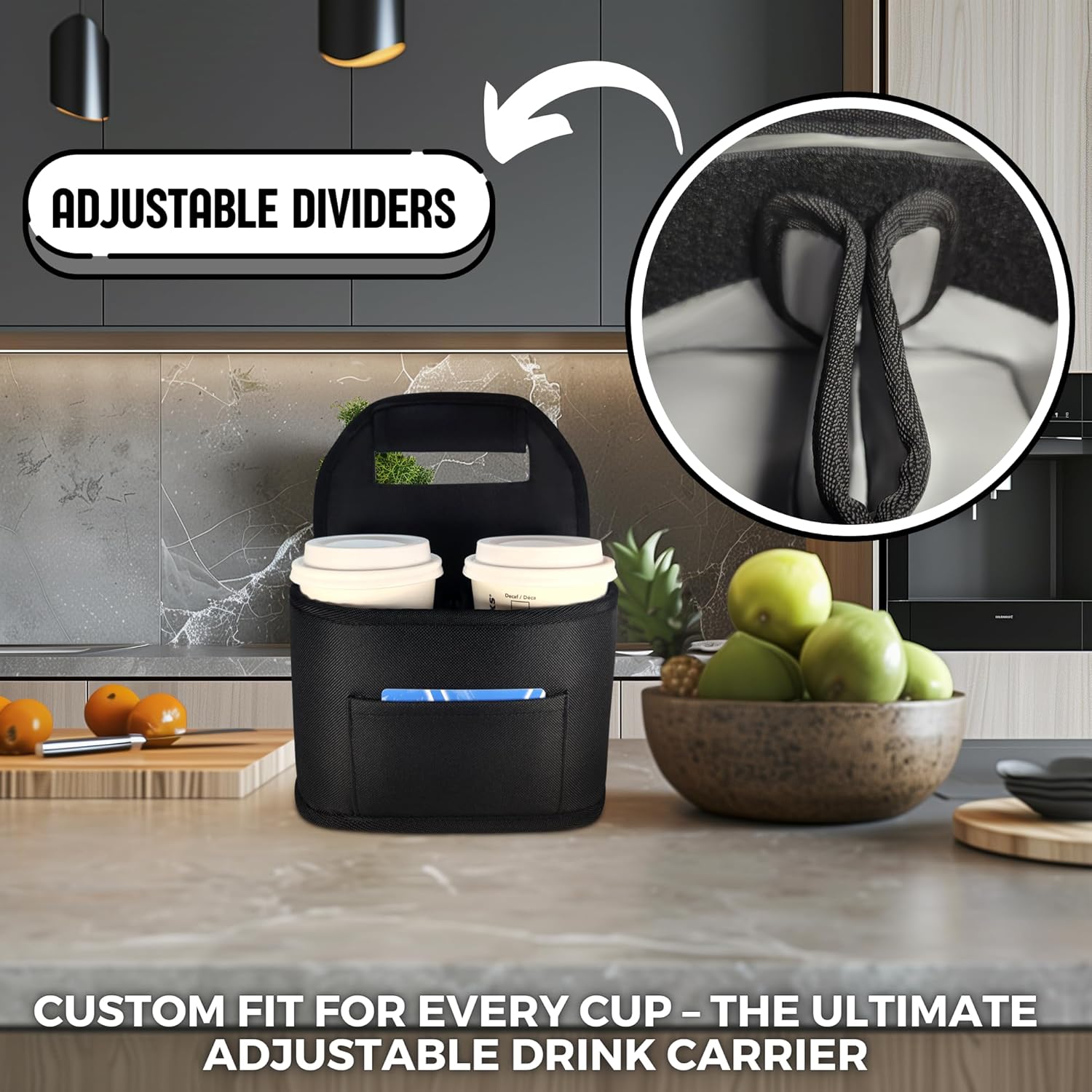 Insulated Reusable 4-Cup Drink Carrier with Adjustable dividers, Money Pocket, Straw Slot and Handle. Ideal for delivery, Takeout, Travel, and Outdoor use