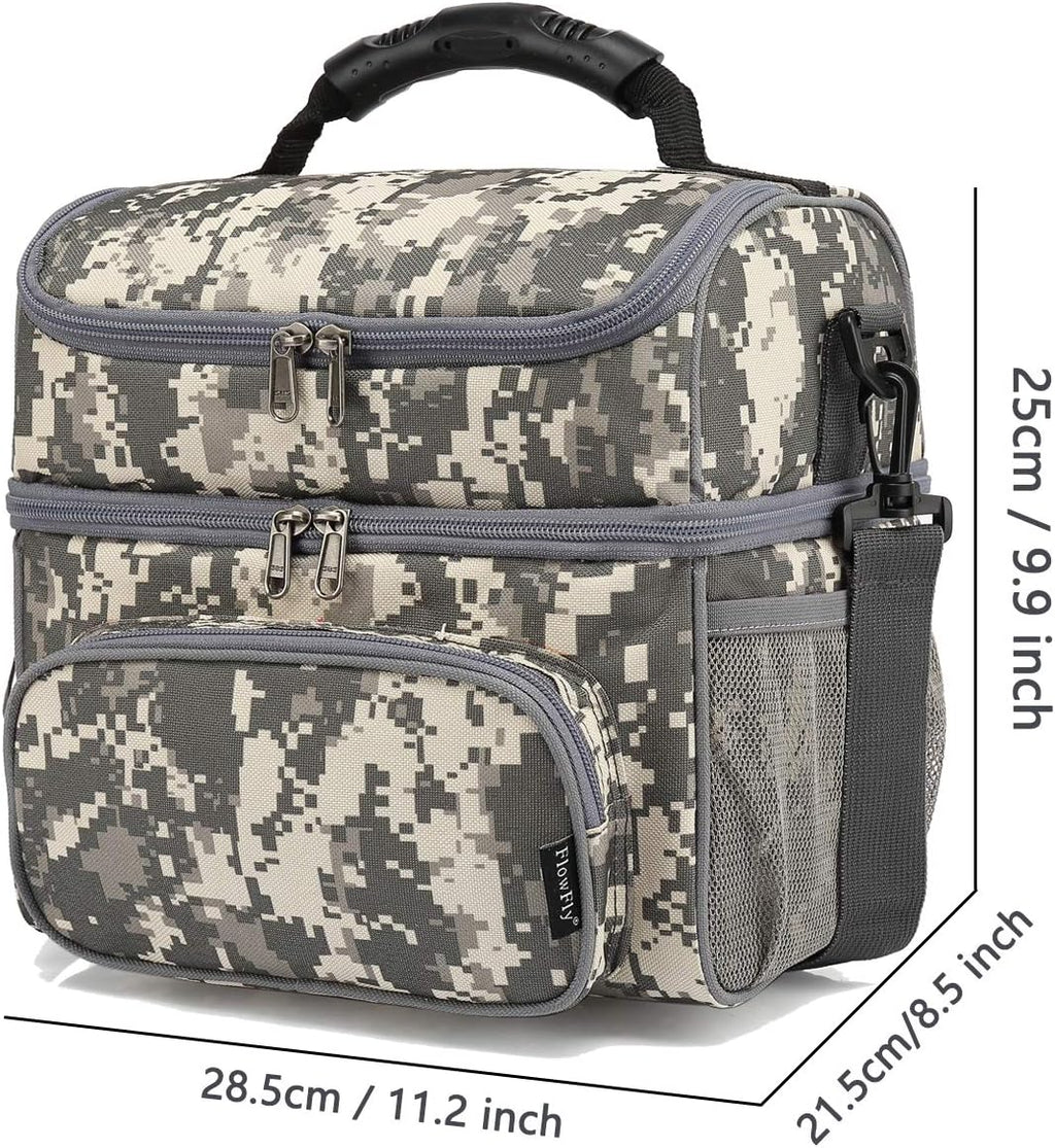 FlowFly Double Layer Cooler Insulated Lunch Bag Adult Lunch Box Large Tote Bag for Men, Women, With Adjustable Strap,Front Pocket and Dual Large Mesh Side Pockets