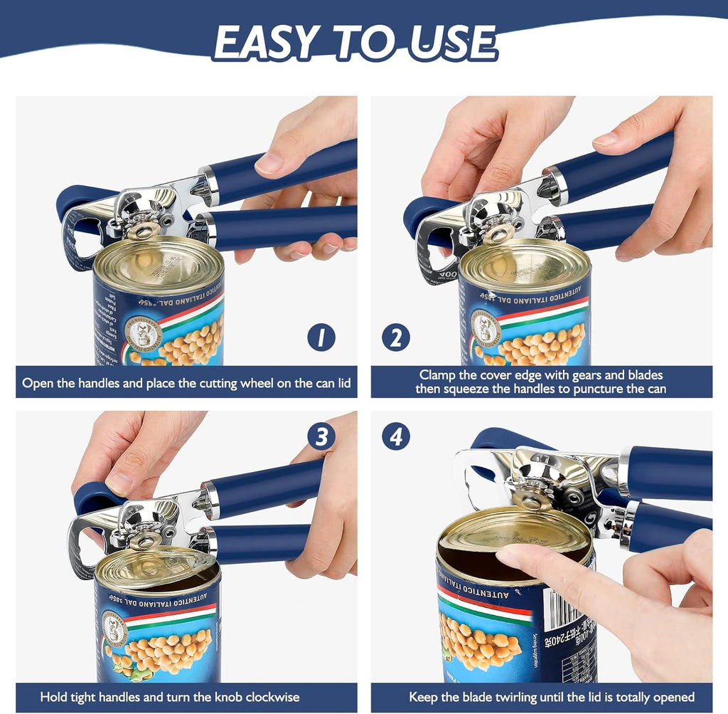 10 Colors Can Opener Manual Handheld Heavy Duty Hand Can Opener Smooth Edge Stainless Steel Can Openers Top Lid Kitchen Gadgets, Best Large Rated Easy Turn Knob, with Bottle Opener, Navy Blue