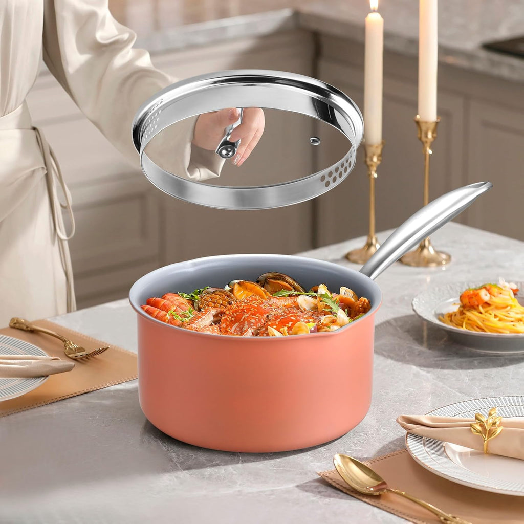 2 qt Nonstick Sauce Pan with Lid, Ceramic Saucepan Small Cooking Pot Non Toxic, PTFE & PFOA Free - Oven Safe & Compatible with All Stovetops (Gas, Electric & Induction)-Perracotta