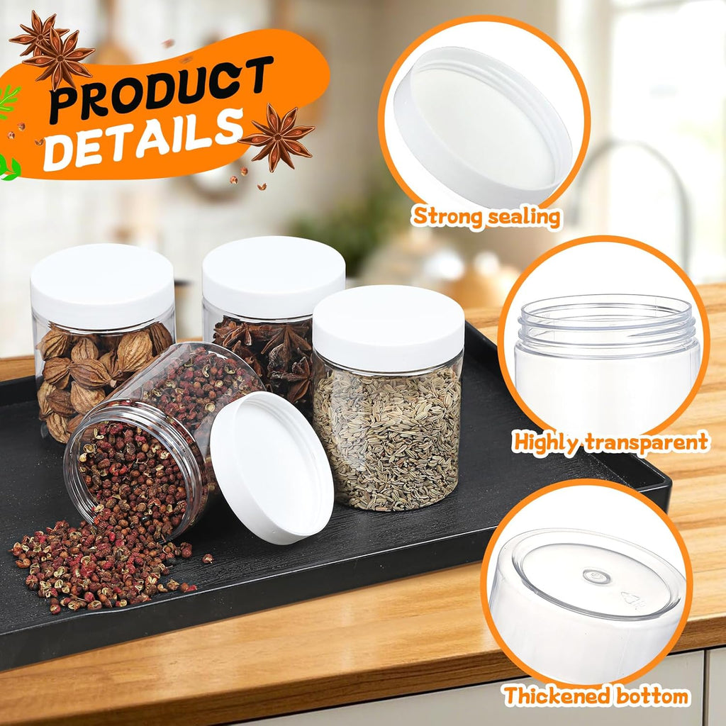 48pcs 8 oz Plastic Containers with Lids Labels Leak Proof BPA Free Airtight Refillable Clear Small Containers Storage Jars for Storing Dry Food Slime Honey Jam,white