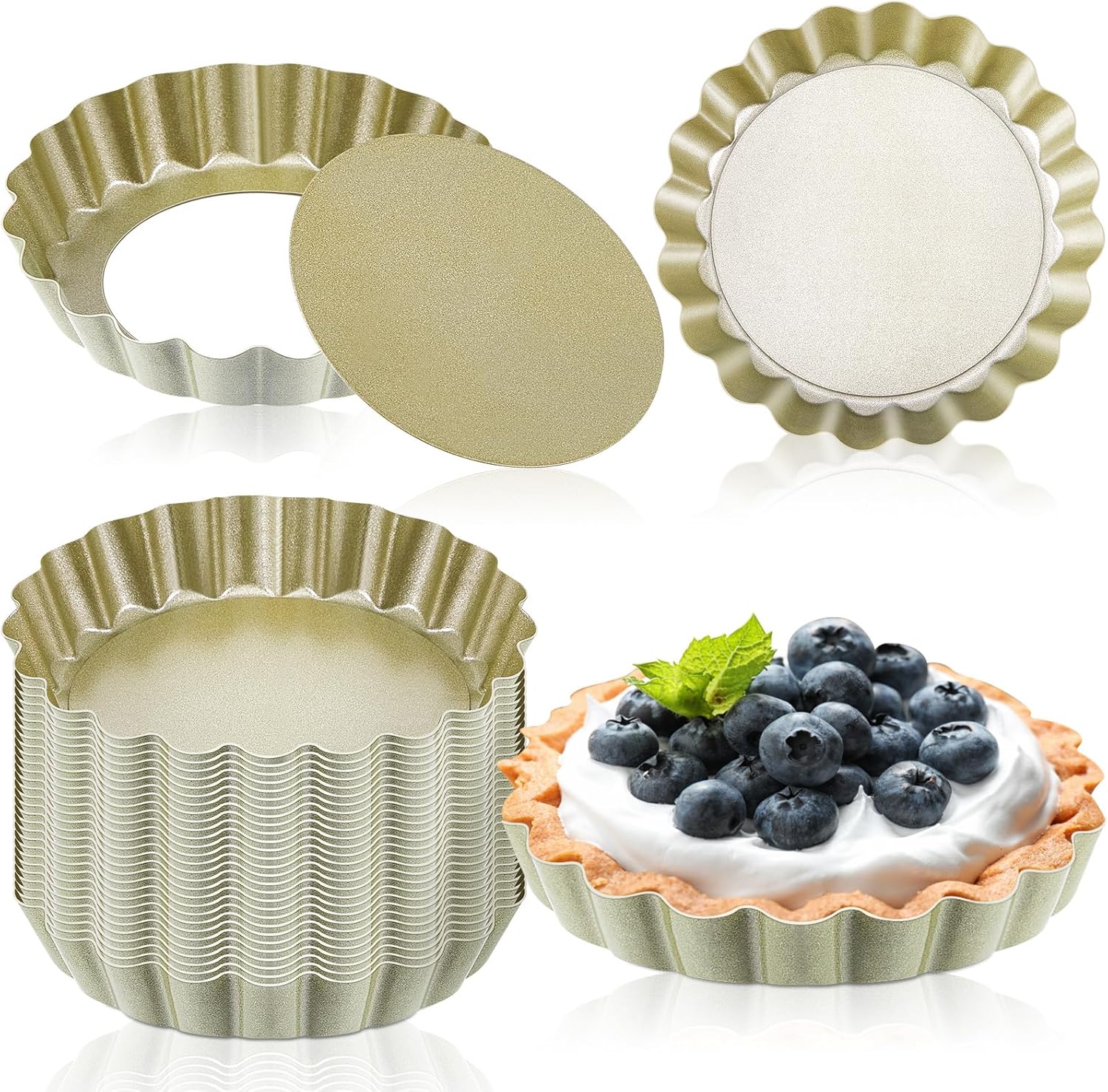 Uiifan 32 Pcs Mini Tart Pans Egg Tart Molds with Removable Bottom Round Nonstick Quiche Pan Mini Pie Pans Small Bakeware Mold Fluted Side for Mousse Cake Dessert Baking(4 Inch,Gold)