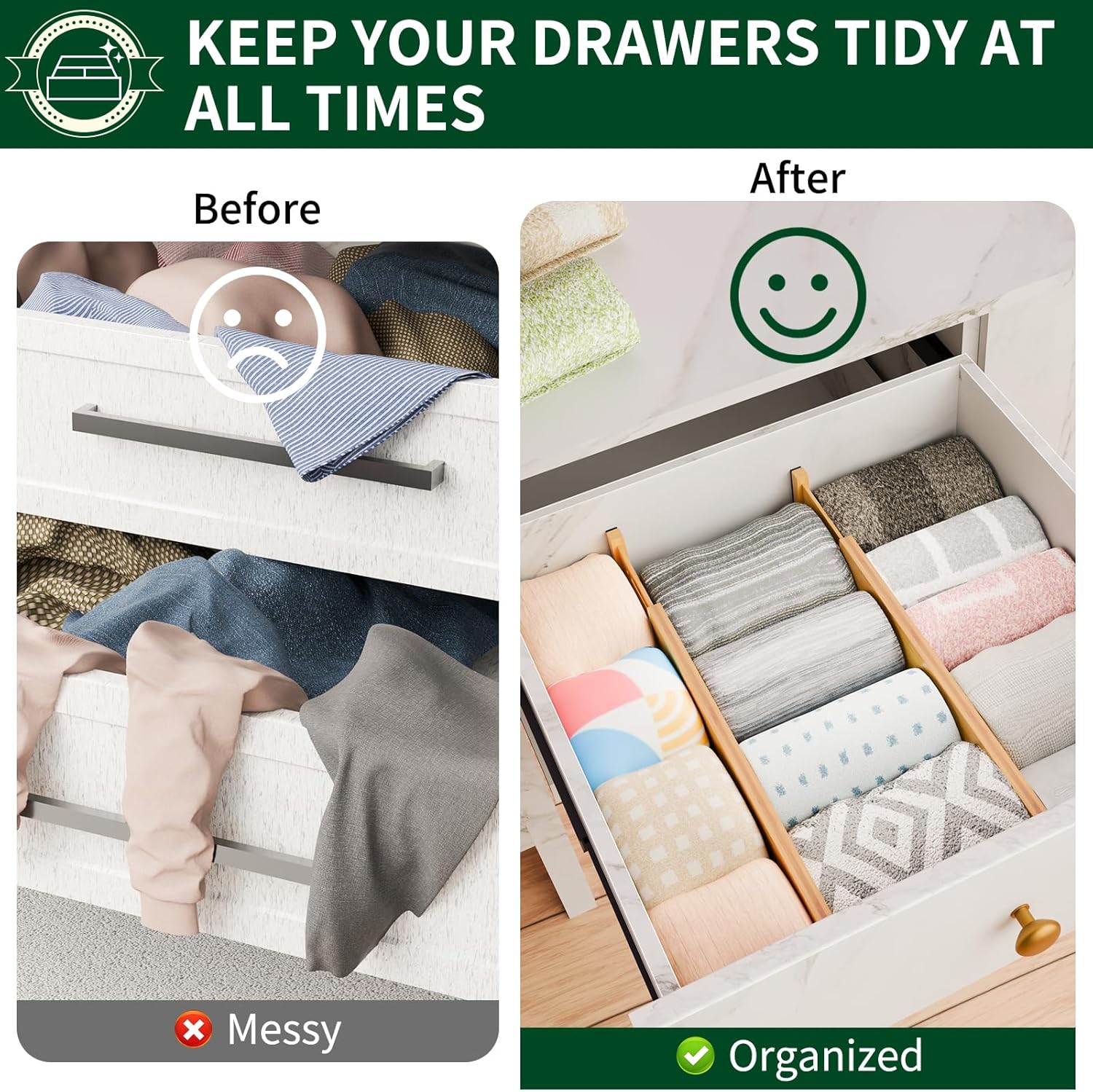 4 Pack Bamboo Drawer Dividers 2.6" High,17-22" Adjustable Spring Loaded Drawer Organizers for Kitchen, Dresser, Bathroom, Bedroom and Office