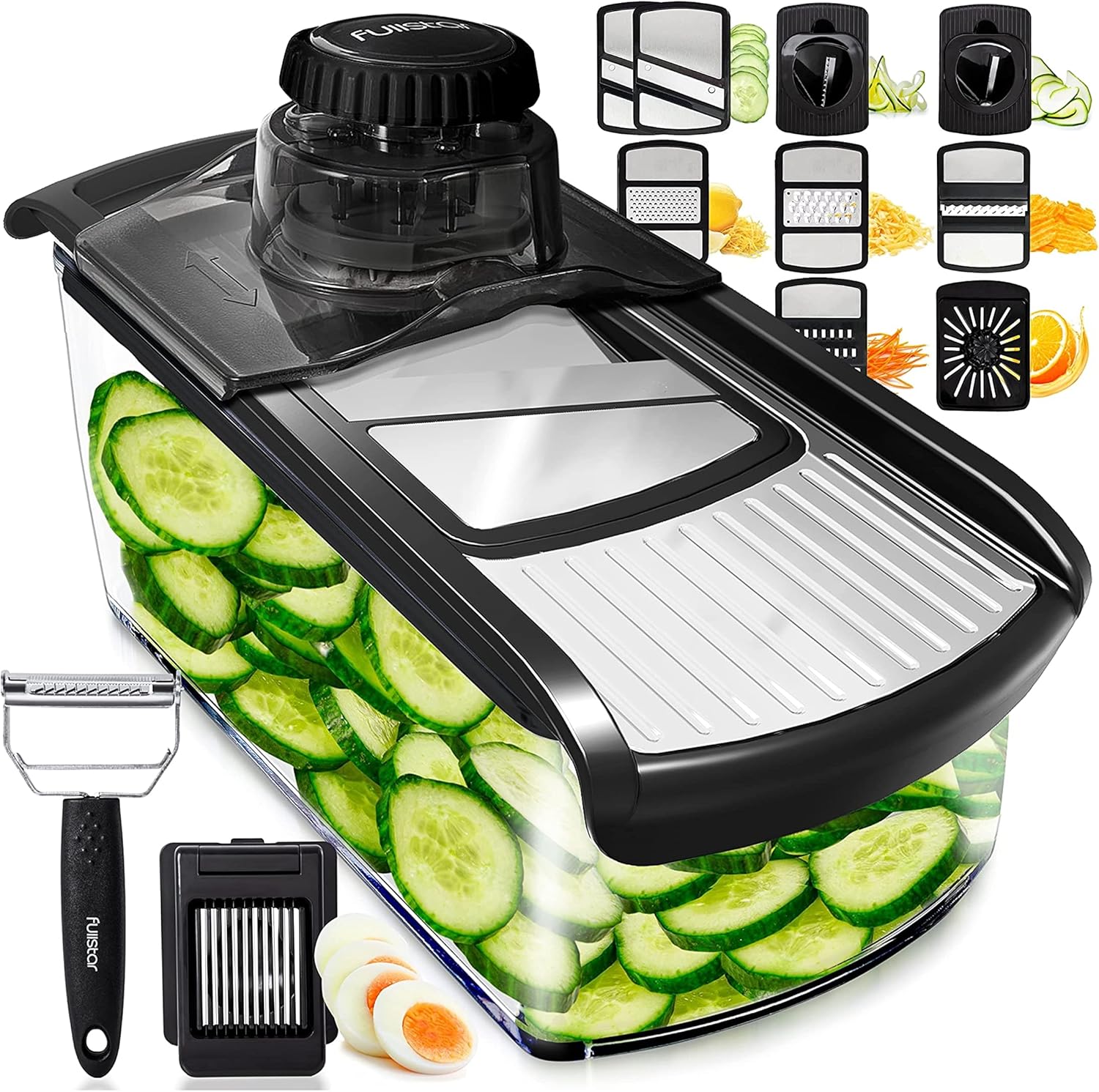 Fullstar Mandoline Slicer for Kitchen, Fruit Cutter, Cheese Grater, Cucumber Slicer, Veggie Spiralizer, Food Cutter & Kitchen Gadgets with Safety Glove (11 in 1, Stainless Steel)