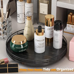 13" Oak Bathroom Vanity Tray Turntable for Perfume Candle, Round Wooden Decorative Tray for Kitchen Sink Countertop Organizer, Bathroom Counter Organizer for Skincare Makeup, Farmhouse Black Gold