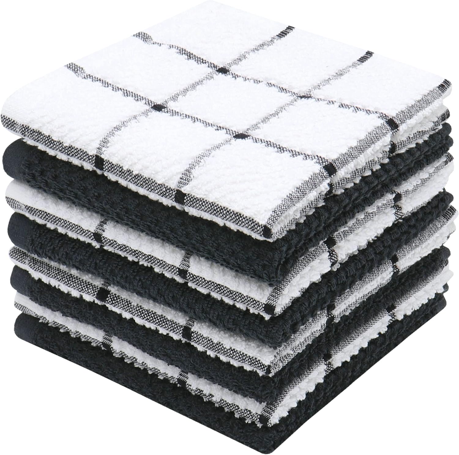 Cotton Grid Dish Cloths, Terry Cleaning Rags, 12 x 12 Inches, Light and Soft, Quick Drying Dish Rags, 8pc/Set (Black Multi)