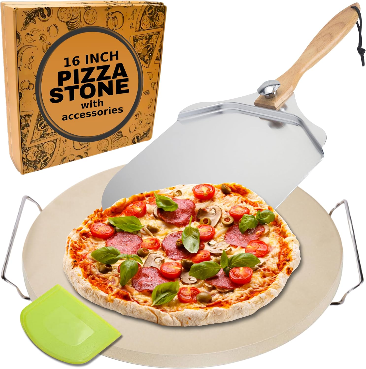 Round Pizza Stone for Oven 16 inch - Large Pizza Stone for Grill with Handles, Metal Pizza Peel & Dough Tool - Baking Stone for Bread - Oven Stones - Pizza Making Set