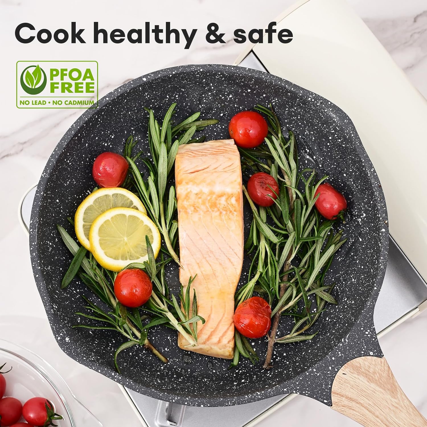 JEETEE 9.5 Inch Nonstick Frying Pan, Stone Coating Cookware, Nonstick Omelette Pan with Heat-Resistant Handle, Induction Skillet for Eggs (Grey)