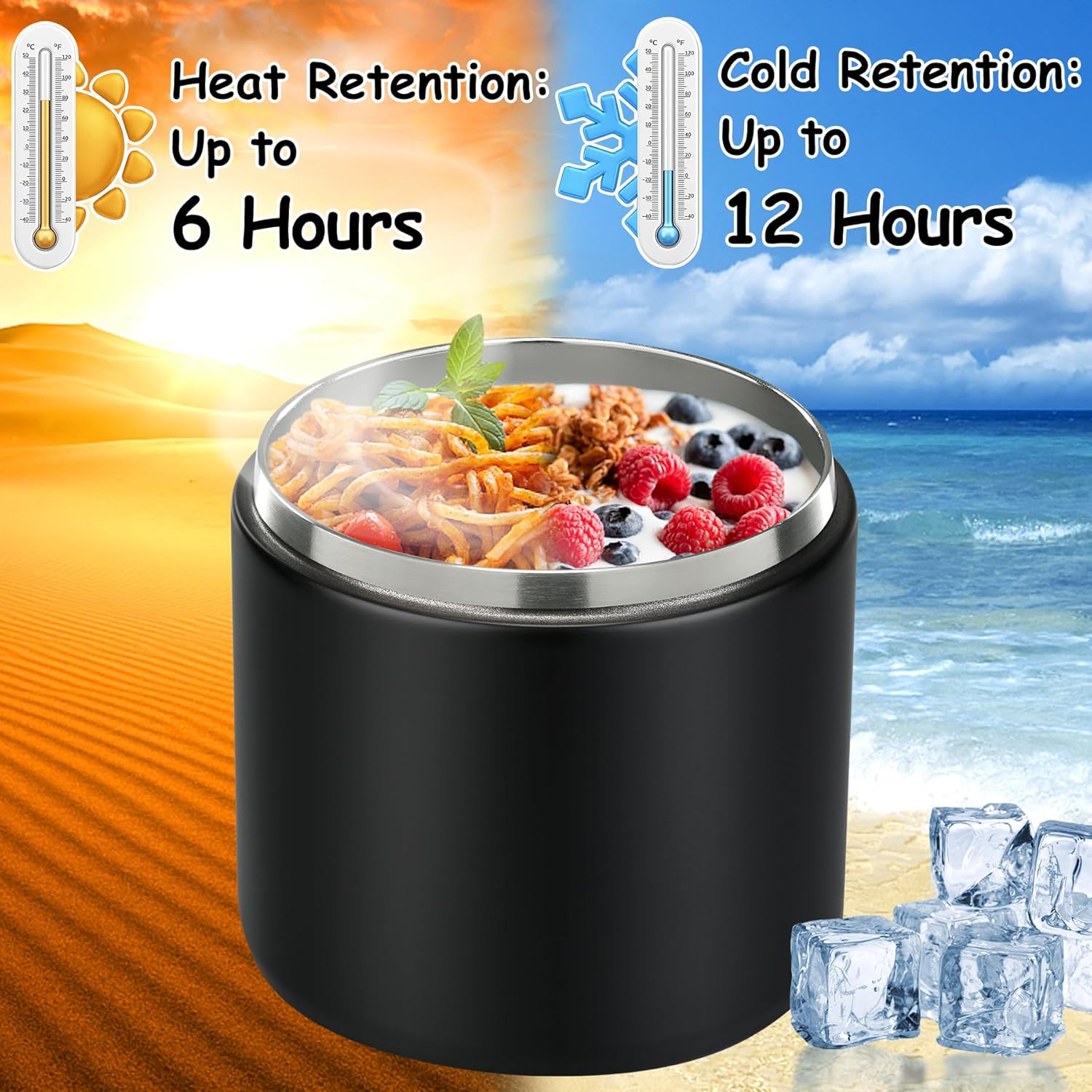 19oz Insulated Vacuum Food Jar with Buckle Lid Wide Mouth Soup Thermo for Hot Food Kids Leakproof Stainless Steel Lunch Container- Black-1Pack