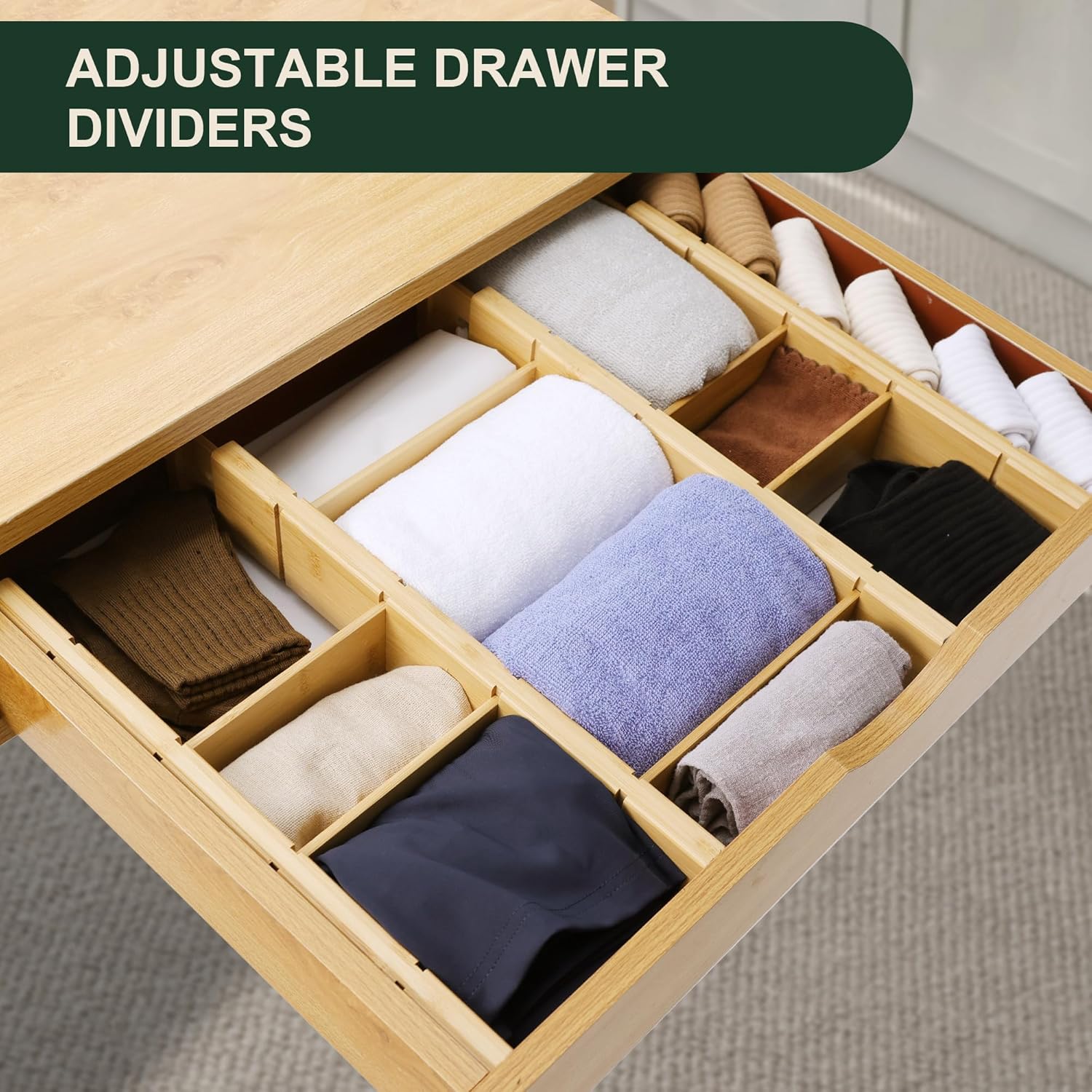Utoplike Kitchen Drawer Divider with Inserts, Bamboo Drawers Organizer Adjustable, 4 pcs Large Expandable Wood Socks Drawer Organization for Dresser, Office, Spring Loaded
