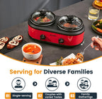 KOOC Double Small Slow Cooker, Buffet Server and Warmer, 2 Mini Pots with 3 Individual Adjustable Temp, Dual Ceramic Pots, Free Liners for Easy Clean-up, Stainless Steel, Total 2.5 Quart, Red, Round