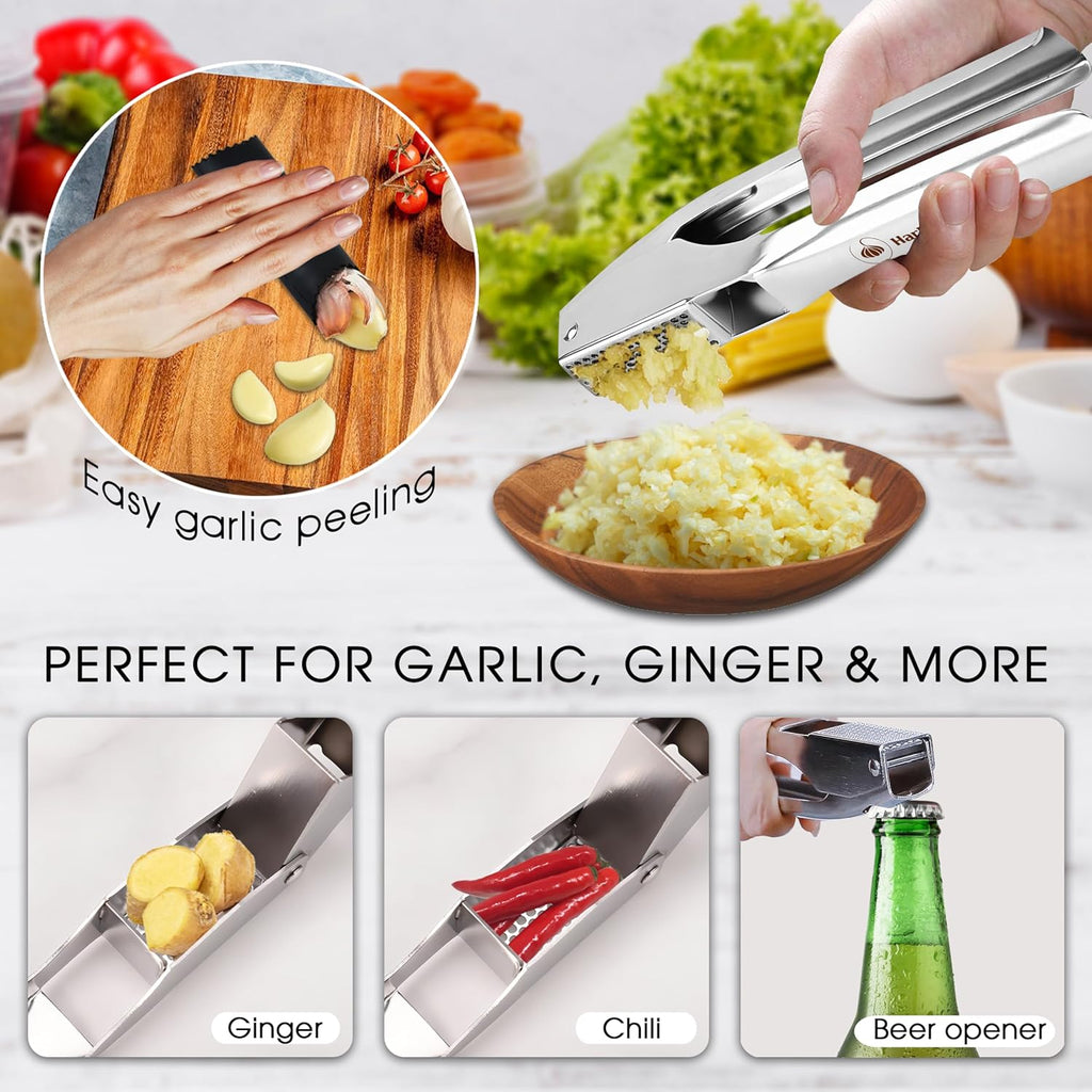 Garlic Press Stainless Steel - No Need to Peel Garlic Mincer & Crusher - 304 Inox, 7.34 Oz, Large Trough - Ergonomic Handle, Easy to Clean, Dishwasher Safe (2 Years Warranty) (Orange)
