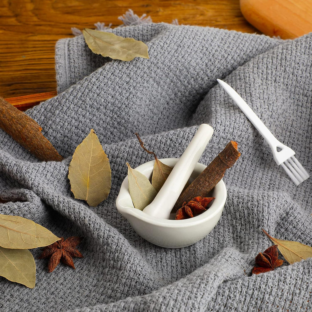 2 Sets Mini Porcelain Mortar and Pestle Set Porcelain Herb Grinder Crusher Grinding Bowl Kitchen Mixing Grinding Bowl with 2 Pieces Brushes for Seasonings, Sesame, Herbs, Medicine(60 mm)