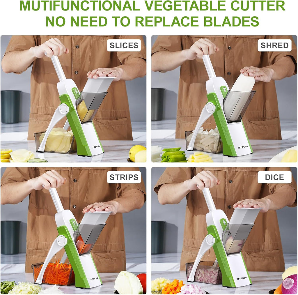 Safe Mandoline Slicer for Kitchen, Potato Slicer, Meal Prep, Adjustable/Easy to Clean/Storage, Kitchen Chopping Artifact, Paring Knife/Cleaning Brush (only Slice, Avocado Green)
