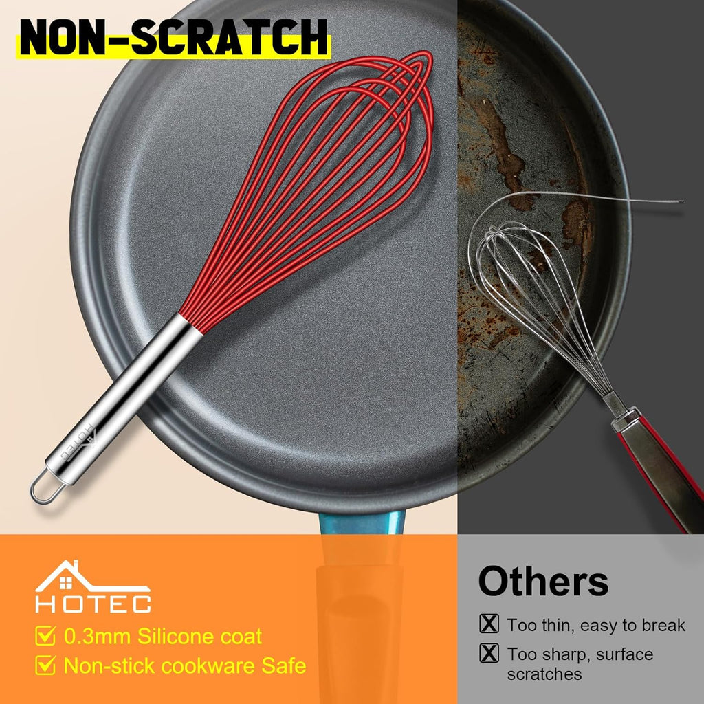 HOTEC 4 Pieces Silicone Whisks Set, Wire Balloon Whisks Egg Beater, Non-slip Handle Whisk for Non-stick Cookware Perfect for Cooking, Stirring, Beating and Blending (Red)