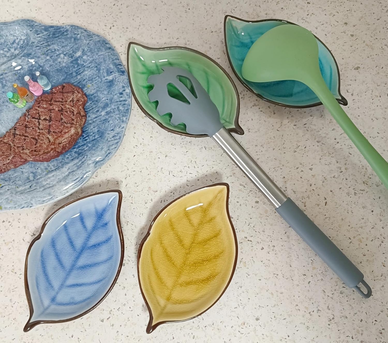 Ceramic Spoon Rest for Stove Top, Ice Cracks Leaf Cute Spoon Rest for Kitchen Counter, Cooking Spoon Holder for Kitchen Counter, Utensil Rest Spatula Rest Ladle Holder Tong Rest, 1 PC (A, Fall yellow)