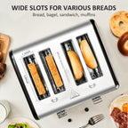 Countdown Stainless Steel 4 Slice Toaster with Bagel, Defrost, Cancel Function, Dual Toaster, Extra Wide Slots, 6 Shade Settings, Removable Crumb Trays, 1650W, Black