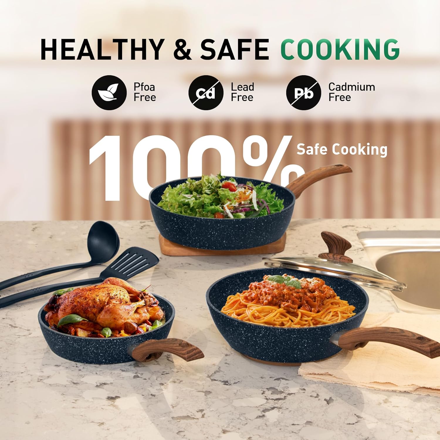 Kitchen Academy Pots and Pans Set Non Stick - 12 Piece Induction Kitchen Cookware Sets, Blue Granite Nonstick Cooking Pans Set