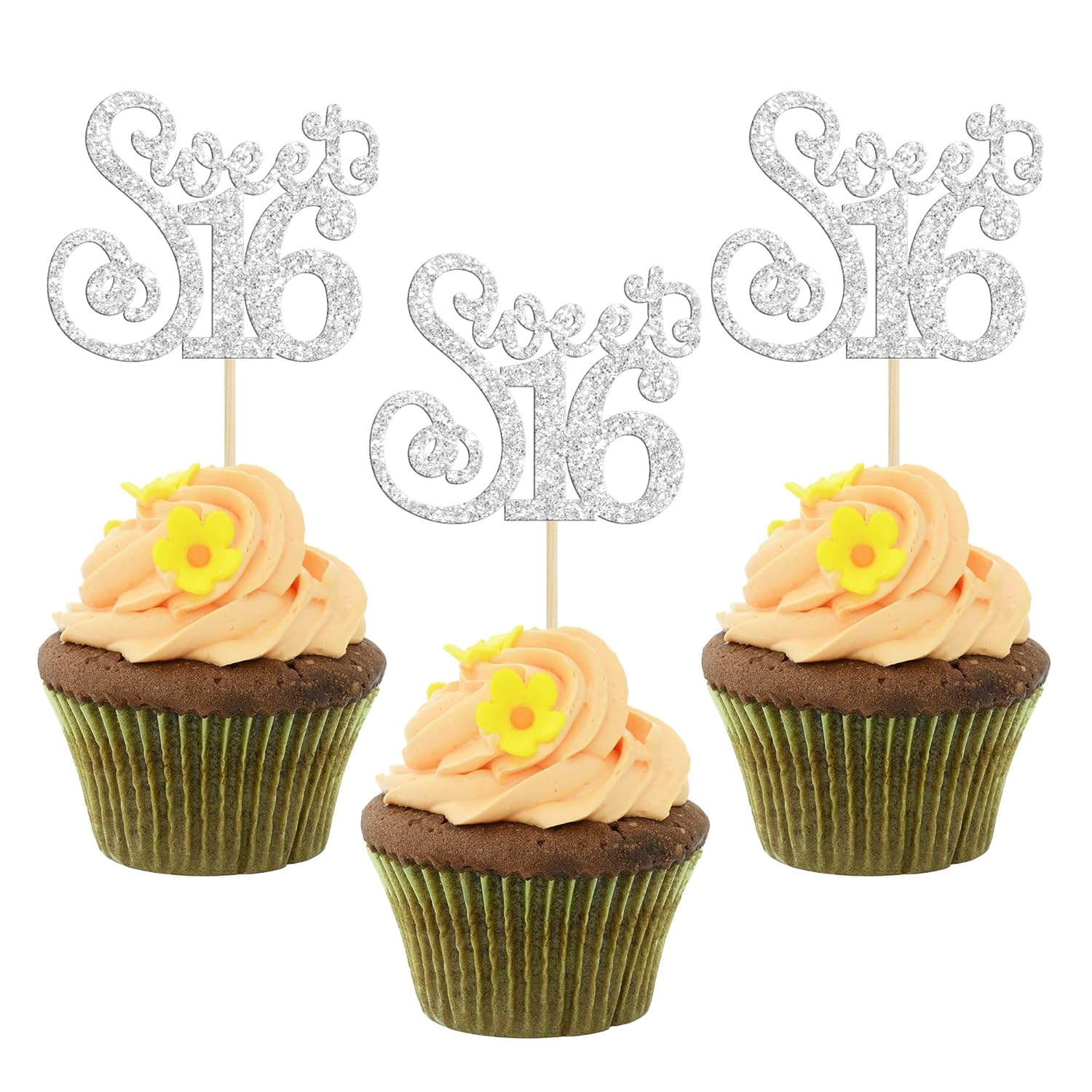 Gyufise 24 Pack Happy Sweet 16 Cupcake Toppers Glitter Sixteen 16th Birthday Cupcake Picks Cheers to 16 Years Old Cupcake Decorations for 16th Birthday Anniversary Party Cake Supplies Silver