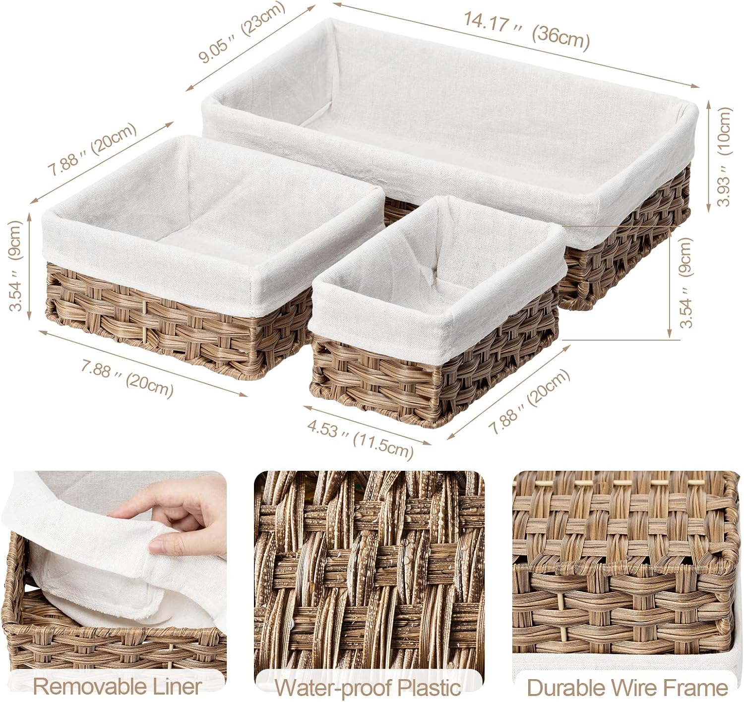 FairyHaus Wicker Baskets for Organizing, Waterproof Rectangle Small Storage Basket for Shelves, Nesting Lined Set of 3, Rustic Brown