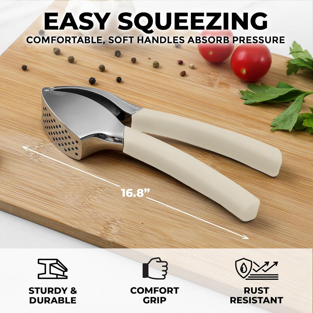 Zulay Kitchen Comfort Grip Garlic Press - Garlic Mincer Tool - Garlic Crusher - Garlic Press Mincer Rust Proof, with Soft Ergonomic Handle, Easy Clean Set with Peeler and Brush - White