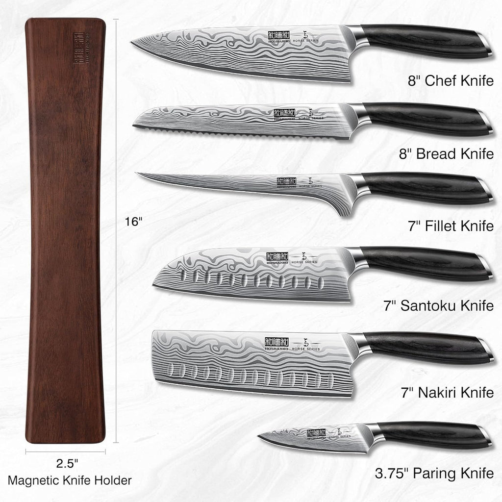 HOSHANHO 7 Pieces Knife Set with Magnetic Knife Holder, Ultra Sharp Powder Steel Kitchen Knives Set, Professional Chef Knife Sets with Ergonomic Pakkawood Handle
