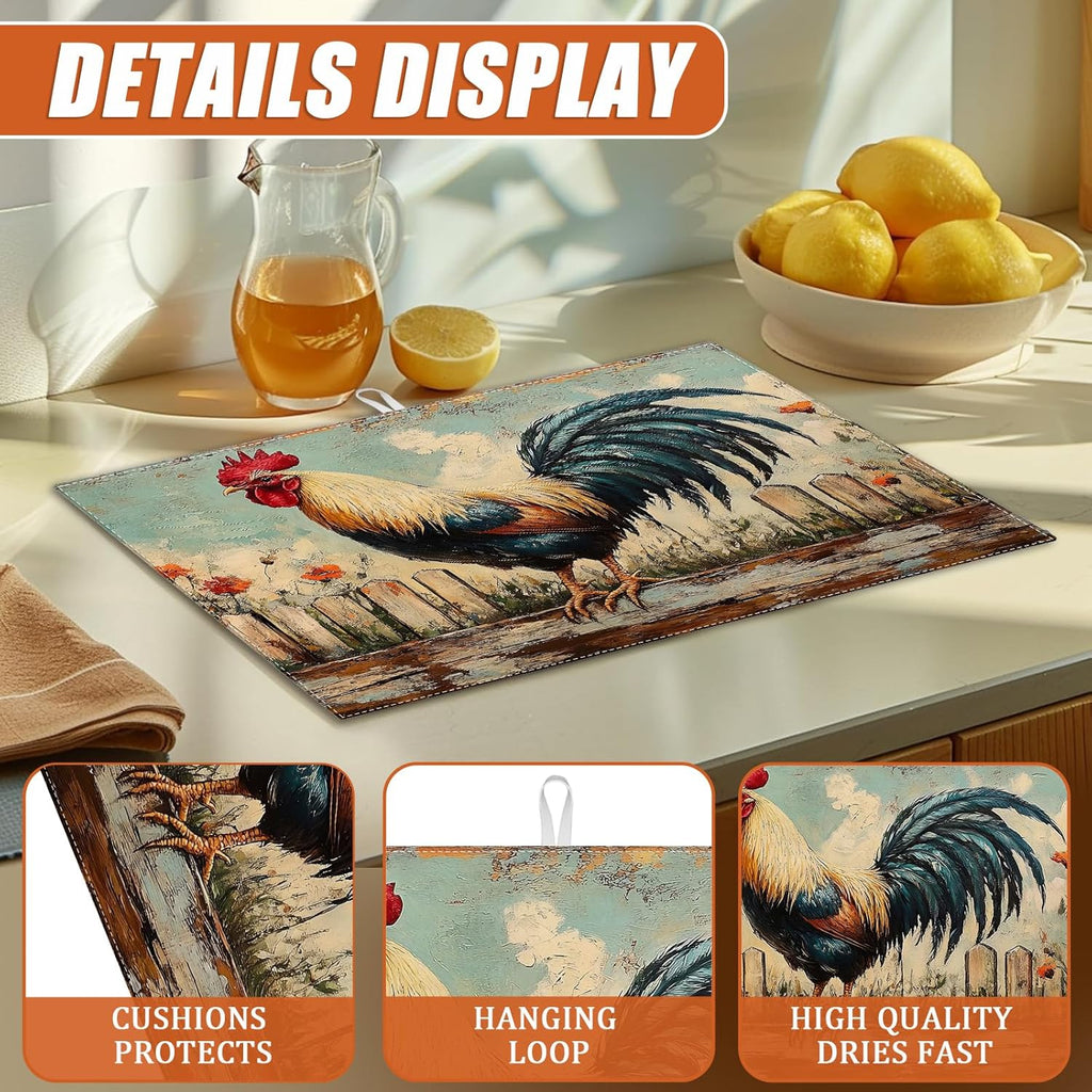 Vintage Rooster Dish Drying Mat for Kitchen Counter Microfiber Absorbent Dish Kitchen Drying Mat Draining Reusable Washable for Dishes/Utensils/Counterto