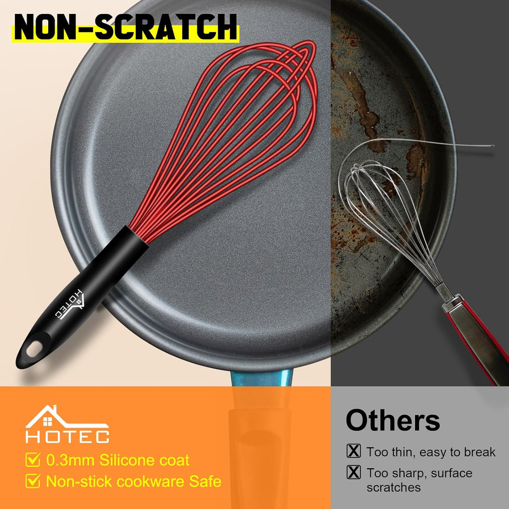HOTEC 4 Pieces Silicone Whisks Set, Wire Balloon Whisks Egg Beater, Non-slip Handle Whisk for Non-stick Cookware Perfect for Cooking, Stirring, Beating and Blending (Red)