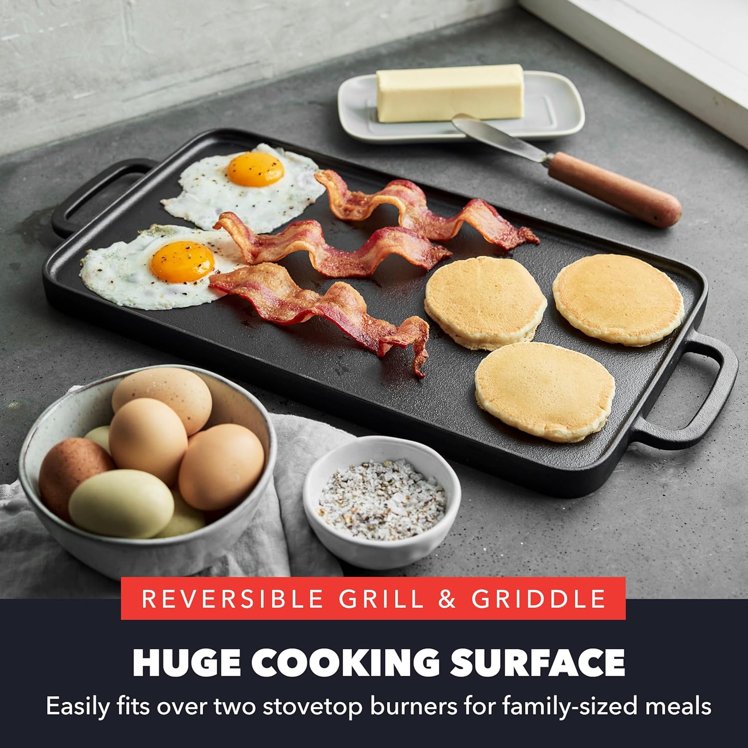 GreenPan x Bobby Flay Cast Iron Pre-Seasoned 16.5 x 9.5” Reversible Double Burner Griddle, Rectangular Grill, Helper Handles, Induction, Versatile Stovetop Oven BBQ & Fire, Indoor & Outdoor Use, Black