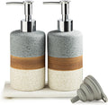 Ceramic Soap Dispenser Set(2 Pack) – Hand Soap, Dish Soap, Shampoo & Shower Soap Dispenser for Bathroom & Kitchen, Stainless Steel Pump, Includes Silicone Funnel & Diatomaceous Tray, Gray