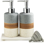 Ceramic Soap Dispenser Set(2 Pack) – Hand Soap, Dish Soap, Shampoo & Shower Soap Dispenser for Bathroom & Kitchen, Stainless Steel Pump, Includes Silicone Funnel & Diatomaceous Tray, Gray