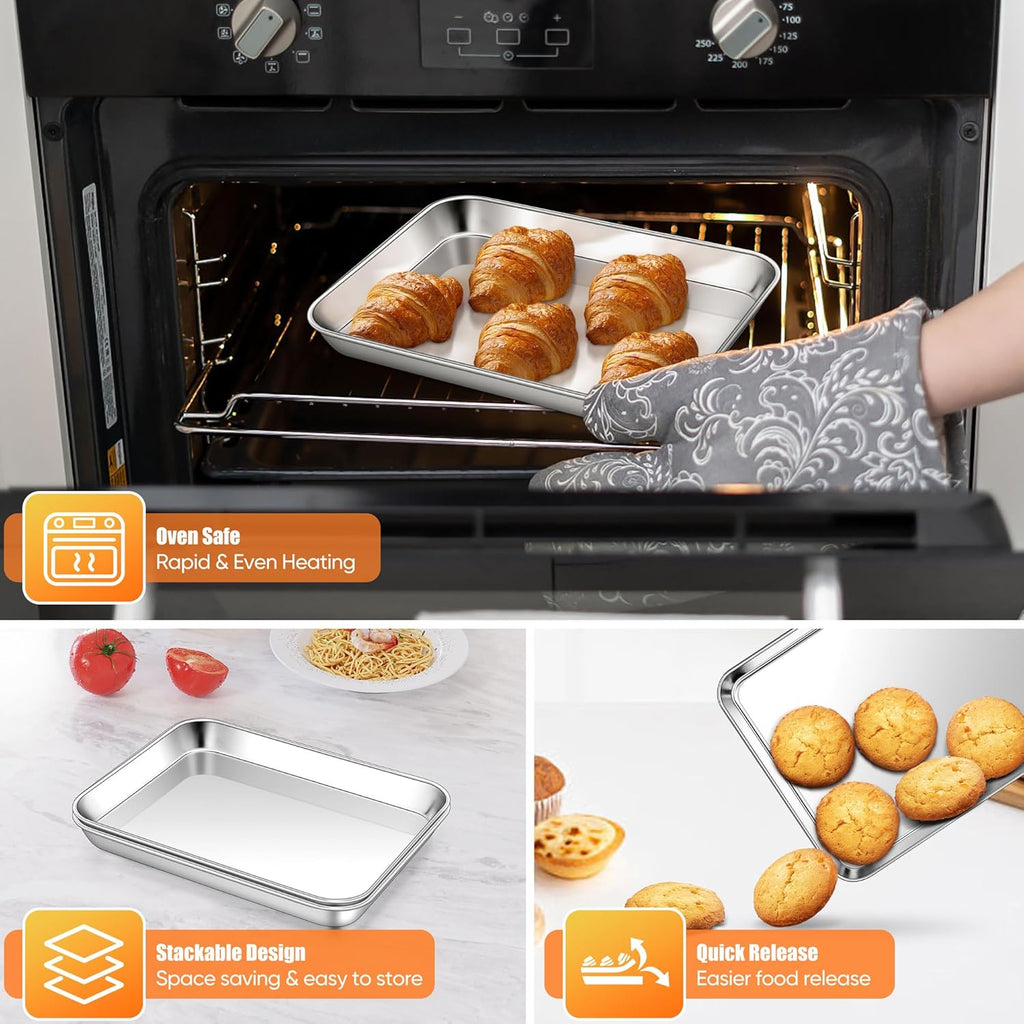 Homikit 2 Pack Baking Sheet, 10 x 8 Inch Stainless Steel Cookie Tray Set for Cooking Toasting, Small Metal Toaster Oven Baking Pan Non Stick, Rustproof & Mirror Finish, Dishwasher Safe