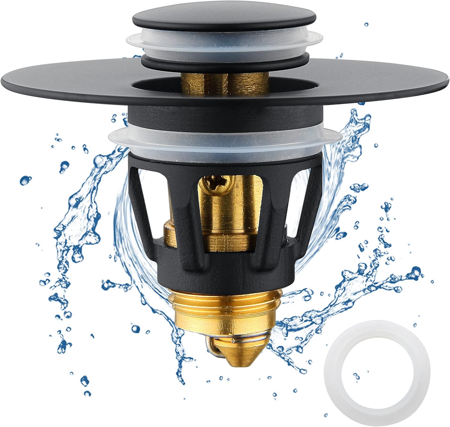 Black Bathroom Sink Drain Stopper, Sink Stopper Fits for 1.25" Drain Hole with 3 Rubber Rings, Anti Clogging Pop up Drain Filter Plug, Wash Basin Strainer with Basket, Matte Black