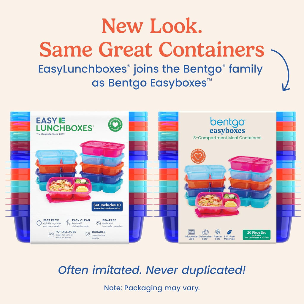 Bentgo Easyboxes - Original Stackable Lunch Boxes - Reusable 3-Compartment Food Containers for Kids and Adults - Bento Lunch Box for Meal Prep, School, & Work - BPA Free, Set of 10 (Jewel Brights)