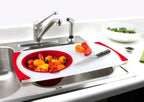Dexas Over the Sink Poly Cutting Board with Collapsible Colander Strainer, 11.5 x 20",Natural/Red
