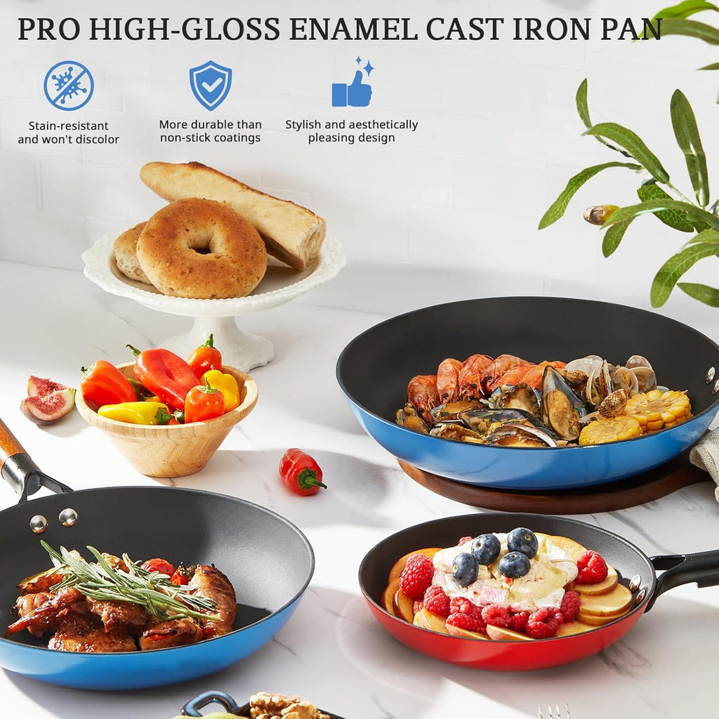 KITESSENSU Enameled Cast Iron Skillets - Non Stick Frying Pans Set with Durable Wooden Handle - 8&10&12 In Titanium Cast Iron Pans for Multi-Cooking - Pre Seasoned Cookware Set - Gradual Cobalt Blue
